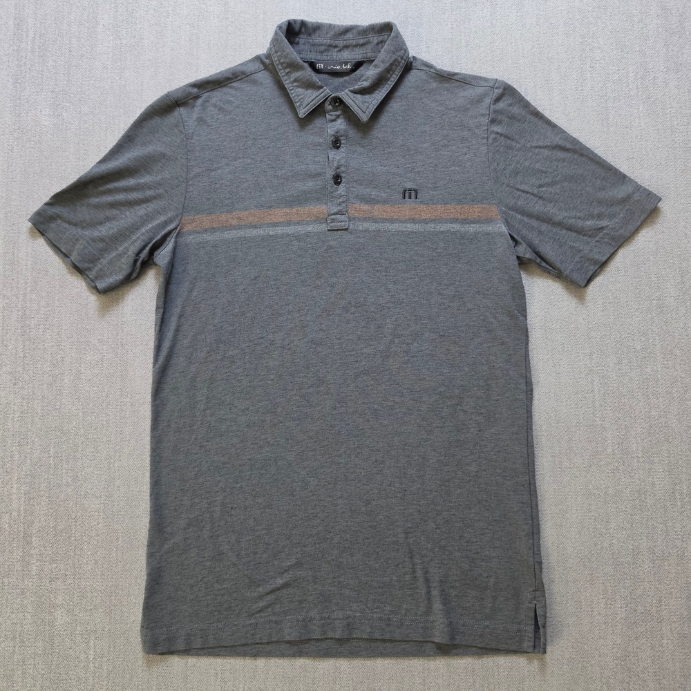 TravisMathew Polo Shirt Men S Gray Stripe Short Sleeve Stretch Cotton Blend